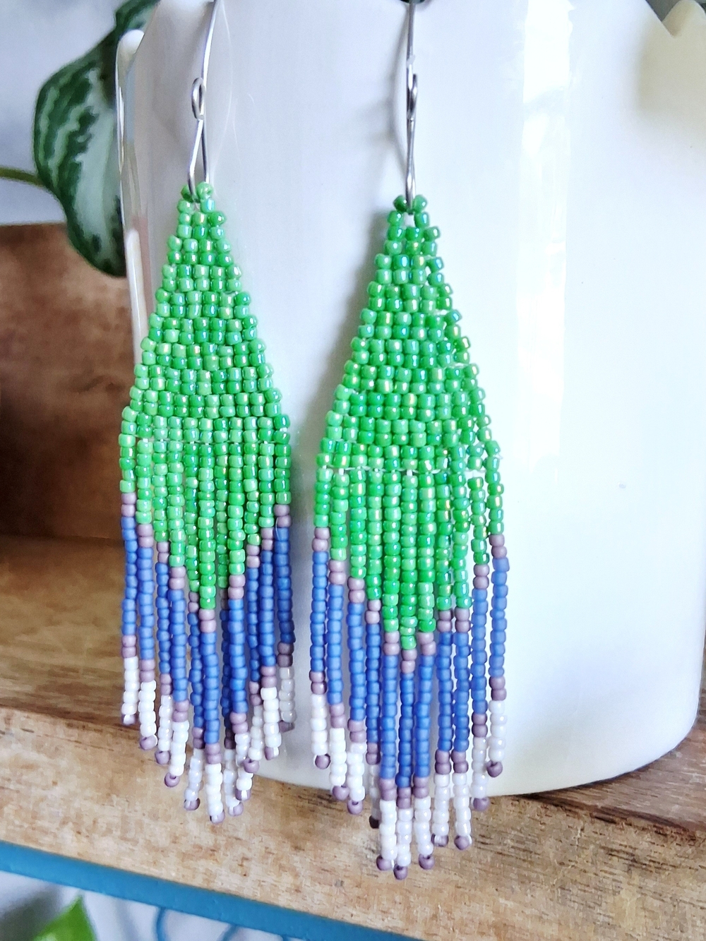 Beaded Fringe Earrings in Green and Blue